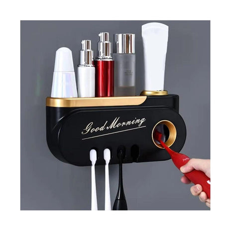 Good Morning Toothpaste Dispenser | 4 Toothbrush Holder with Storage | Upper Storage Compartment