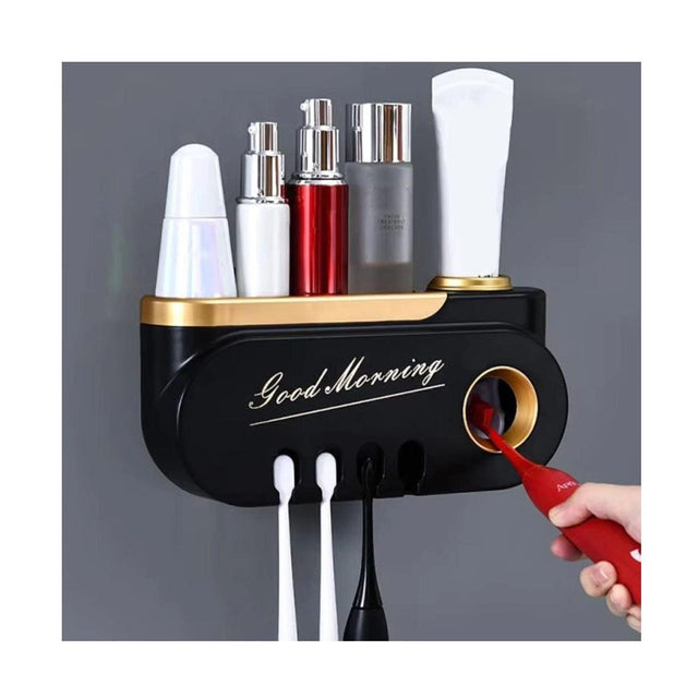 Good Morning Toothpaste Dispenser | 4 Toothbrush Holder with Storage | Upper Storage Compartment