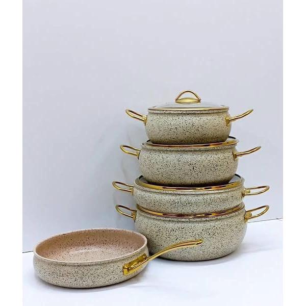 Granite Sufuria Set 9 Pieces with 4 Sufurias Glass Lids and Frying Pan | Available in Cream Black Green Cookware Cookware