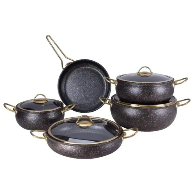 Granite Sufuria Set 9 Pieces with 4 Sufurias Glass Lids and Frying Pan | Available in Cream Black Green Cookware Cookware