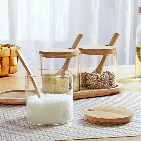 3 Piece Glass Spice Organizer Set with Bamboo Lids- Furaha Finds Kenya