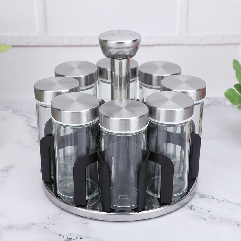 8-in-1 Rotating Spice Carousel Glass Containers with Stainless Steel Lids- Furaha Finds Kenya