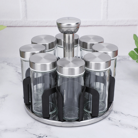 8-in-1 Rotating Spice Carousel Glass Containers with Stainless Steel Lids- Furaha Finds Kenya
