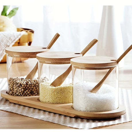 3 Piece Glass Spice Organizer Set with Bamboo Lids- Furaha Finds Kenya