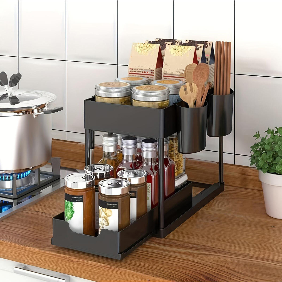 Furaha Finds Double Sliding Under Sink Organizer – 2-tier bathroom and kitchen storage solution for efficient space-saving organization.