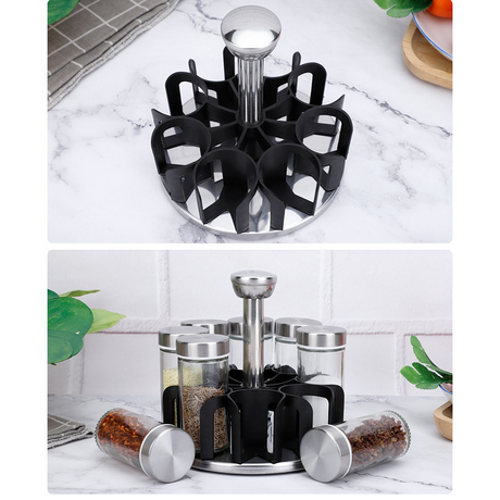 8-in-1 Rotating Spice Carousel Glass Containers with Stainless Steel Lids- Furaha Finds Kenya