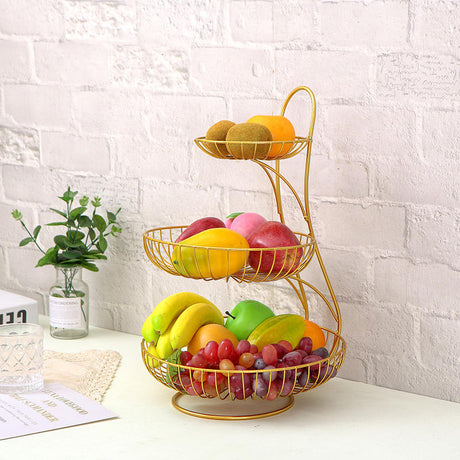 3 Tier Nordic Metallic Fruit and Vegetable Basket Rack | Carbon Steel Organizer in Black and Gold | 40x22x33cm- Furaha Finds Kenya