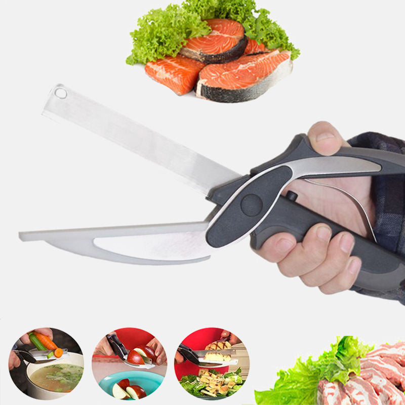 2in1 Clever Food Chopper Cutter Smart Stainless Steel Knife with Built in Cutting Board Chops Fruits, Vegetables & Meat.
