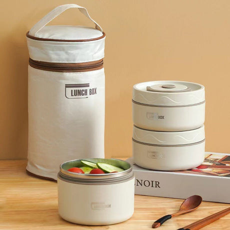 4 in 1 Insulated Lunch Set (2 Lunch Boxes + 1 Lunch Bag) | Stainless Steel Lunch Box Microwave Oven Circular Portable Minimalist Lunch Bo- Furaha Finds Kenya