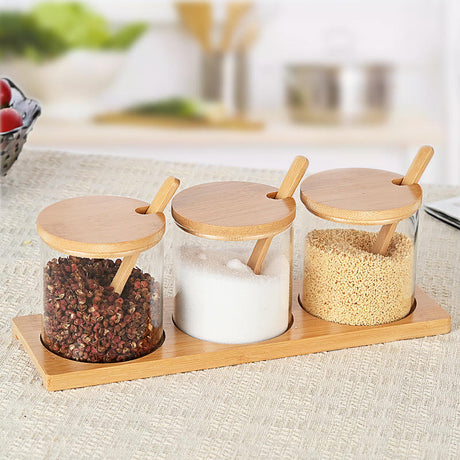 3 Piece Glass Spice Organizer Set with Bamboo Lids- Furaha Finds Kenya