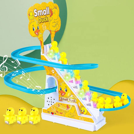 Furaha Finds Duck Slide Kids Toy – Automatic stair climbing with colorful lights, dynamic music, and rechargeable battery.