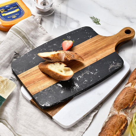 Acacia Wood & Marble Cheese Chopping Board with Handle White & Black- Furaha Finds Kenya