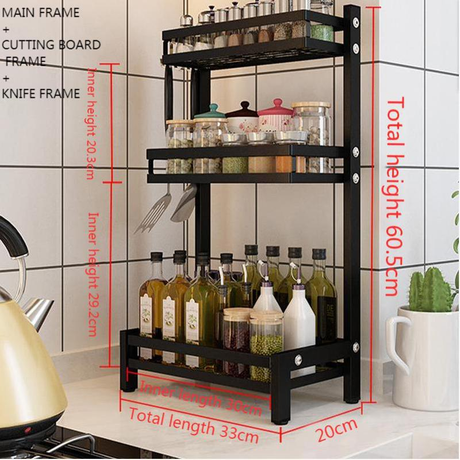 Multifunctional 3 Tier Stainless Steel Spice Rack | Kitchen Countertop Seasoning Organizer with Condiment Jars Storage | L32 x W21 x H60.5 cm- Furaha Finds Kenya
