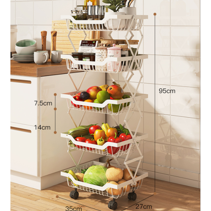 Foldable 4 Tier Storage Rack | Movable Multi-Layer Kitchen Vegetable/Fruit Shelf | Carbon Steel Rust-Proof Trolley | 35x25x75cm- Furaha Finds Kenya