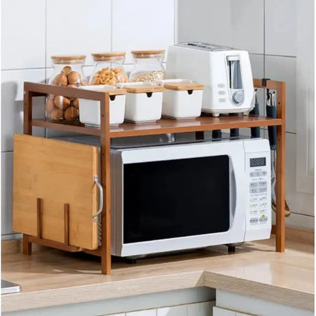 Wooden Multilayer Adjustable Microwave Stand Expandable Storage Shelf with Hooks & Chopping Board Holder