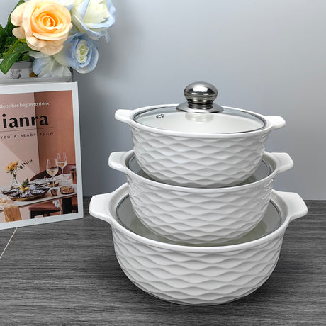 3 Piece White Ceramic Casserole Serving Dishes Set with Tempered Glass Lid Covers | Versatile Cookware Soup Pot and Bowl Set- Furaha Finds Kenya