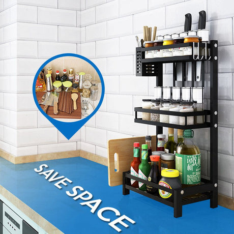 Multifunctional 3 Tier Stainless Steel Spice Rack | Kitchen Countertop Seasoning Organizer with Condiment Jars Storage | L32 x W21 x H60.5 cm- Furaha Finds Kenya
