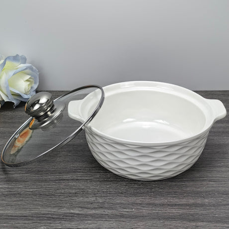 3 Piece White Ceramic Casserole Serving Dishes Set with Tempered Glass Lid Covers | Versatile Cookware Soup Pot and Bowl Set- Furaha Finds Kenya