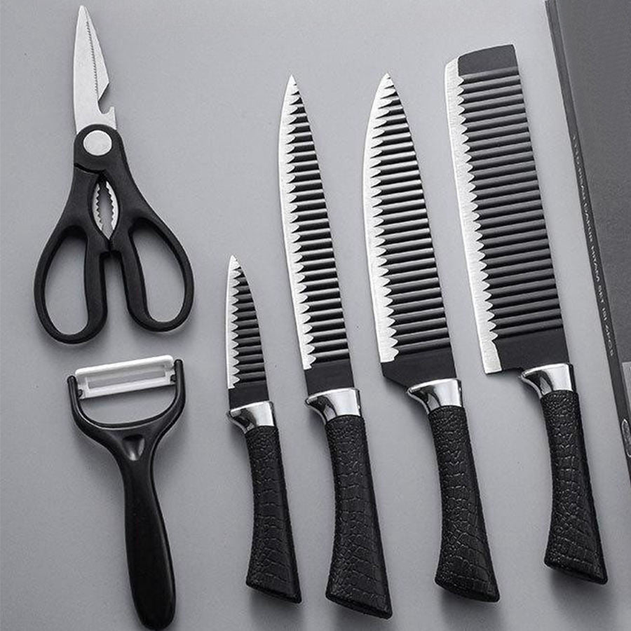6 Piece Zepter Black Wavy Kitchen Knife Gift Pack | Non-Stick Stainless Steel Knife Set | Elegant Corrugated Design- Furaha Finds Kenya
