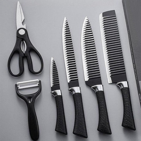 6 Piece Zepter Black Wavy Kitchen Knife Gift Pack | Non-Stick Stainless Steel Knife Set | Elegant Corrugated Design- Furaha Finds Kenya