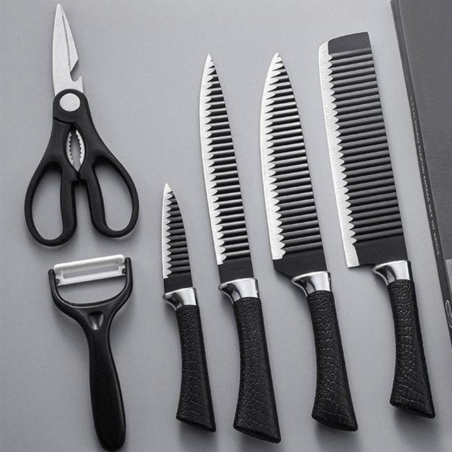 6 Piece Zepter Black Wavy Kitchen Knife Gift Pack | Non-Stick Stainless Steel Knife Set | Elegant Corrugated Design- Furaha Finds Kenya