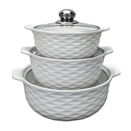 3 Piece White Ceramic Casserole Serving Dishes Set with Tempered Glass Lid Covers | Versatile Cookware Soup Pot and Bowl Set- Furaha Finds Kenya