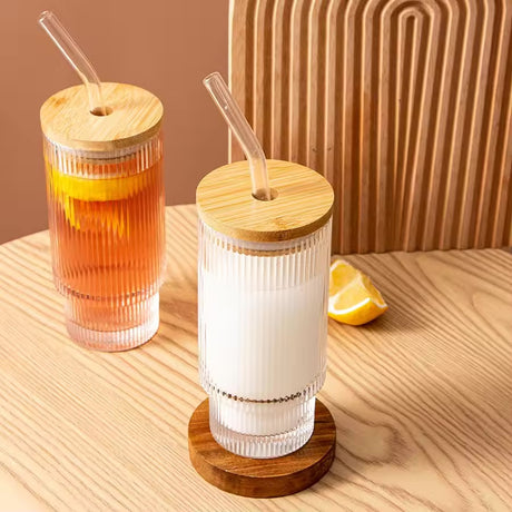 350ml Ribbed Borosilicate Glass Tumbler with Bamboo Lid & Straw- Furaha Finds Kenya