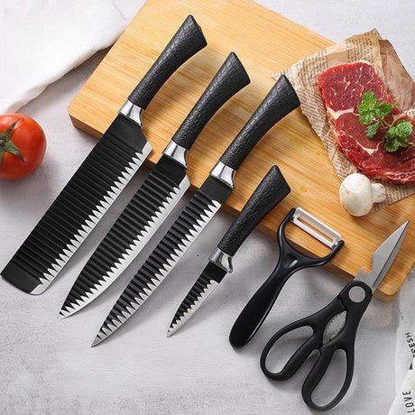 6 Piece Zepter Black Wavy Kitchen Knife Gift Pack | Non-Stick Stainless Steel Knife Set | Elegant Corrugated Design- Furaha Finds Kenya