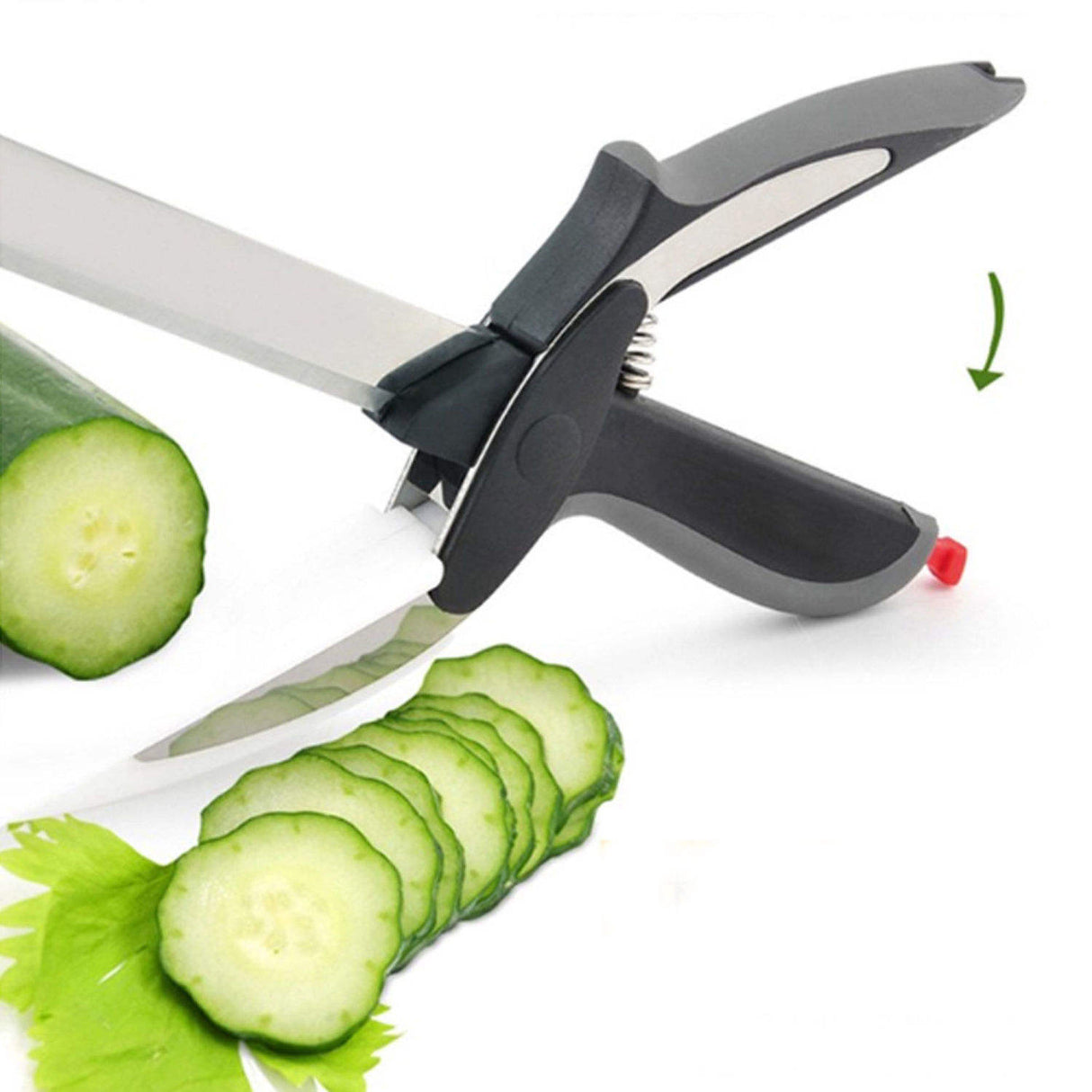 2in1 Clever Food Chopper Cutter Smart Stainless Steel Knife with Built in Cutting Board Chops Fruits, Vegetables & Meat.
