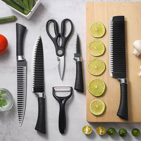 6 Piece Zepter Black Wavy Kitchen Knife Gift Pack | Non-Stick Stainless Steel Knife Set | Elegant Corrugated Design- Furaha Finds Kenya