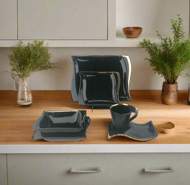 Furaha Finds 36-Piece Rectangular Shaped Dinner Set in black with elegant gold accents