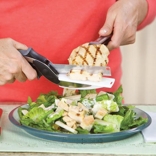 2in1 Clever Food Chopper Cutter Smart Stainless Steel Knife with Built in Cutting Board Chops Fruits, Vegetables & Meat.