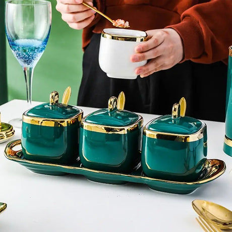 Furaha Finds Luxurious Sugar and Spice Dish Set. Includes 3 elegant jars, 3 gold tea spoons, and a tray. Perfect for stylish storage and serving
