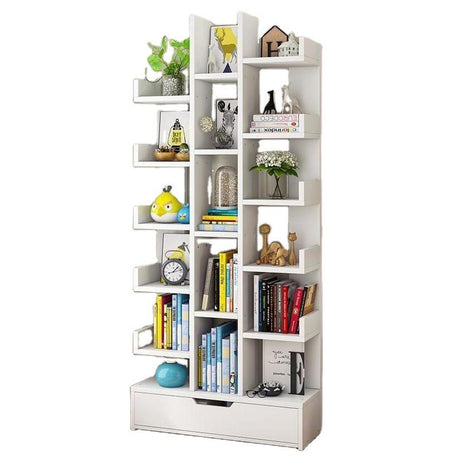 Big Multi purpose Bookshelf | Nordic Style Ladder Bookshelf with Storage Drawer | Bamboo Display Shelf for Living Room & Study Room