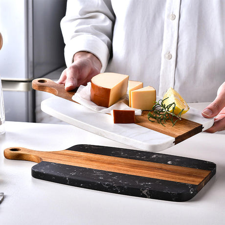 Acacia Wood & Marble Cheese Chopping Board with Handle White & Black- Furaha Finds Kenya