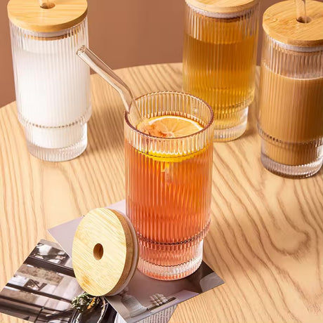 350ml Ribbed Borosilicate Glass Tumbler with Bamboo Lid & Straw- Furaha Finds Kenya
