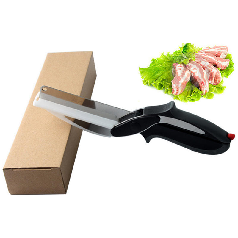 2in1 Clever Food Chopper Cutter Smart Stainless Steel Knife with Built in Cutting Board Chops Fruits, Vegetables & Meat.
