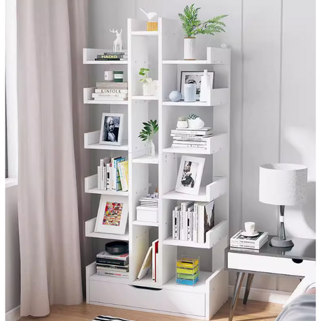 Big Multi purpose Bookshelf | Nordic Style Ladder Bookshelf with Storage Drawer | Bamboo Display Shelf for Living Room & Study Room