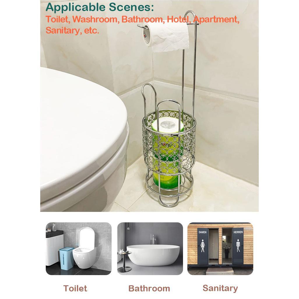 Toilet Tissue Holder | Iron Free Standing Commode Toilet Paper Roll Holder with Storage Basket and Shelf | Brown, Rust Free, Heavy Steel | 56cm long x 16cm wide