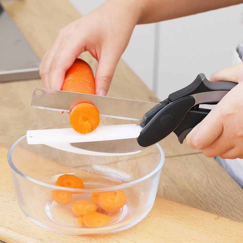 2in1 Clever Food Chopper Cutter Smart Stainless Steel Knife with Built in Cutting Board Chops Fruits, Vegetables & Meat.