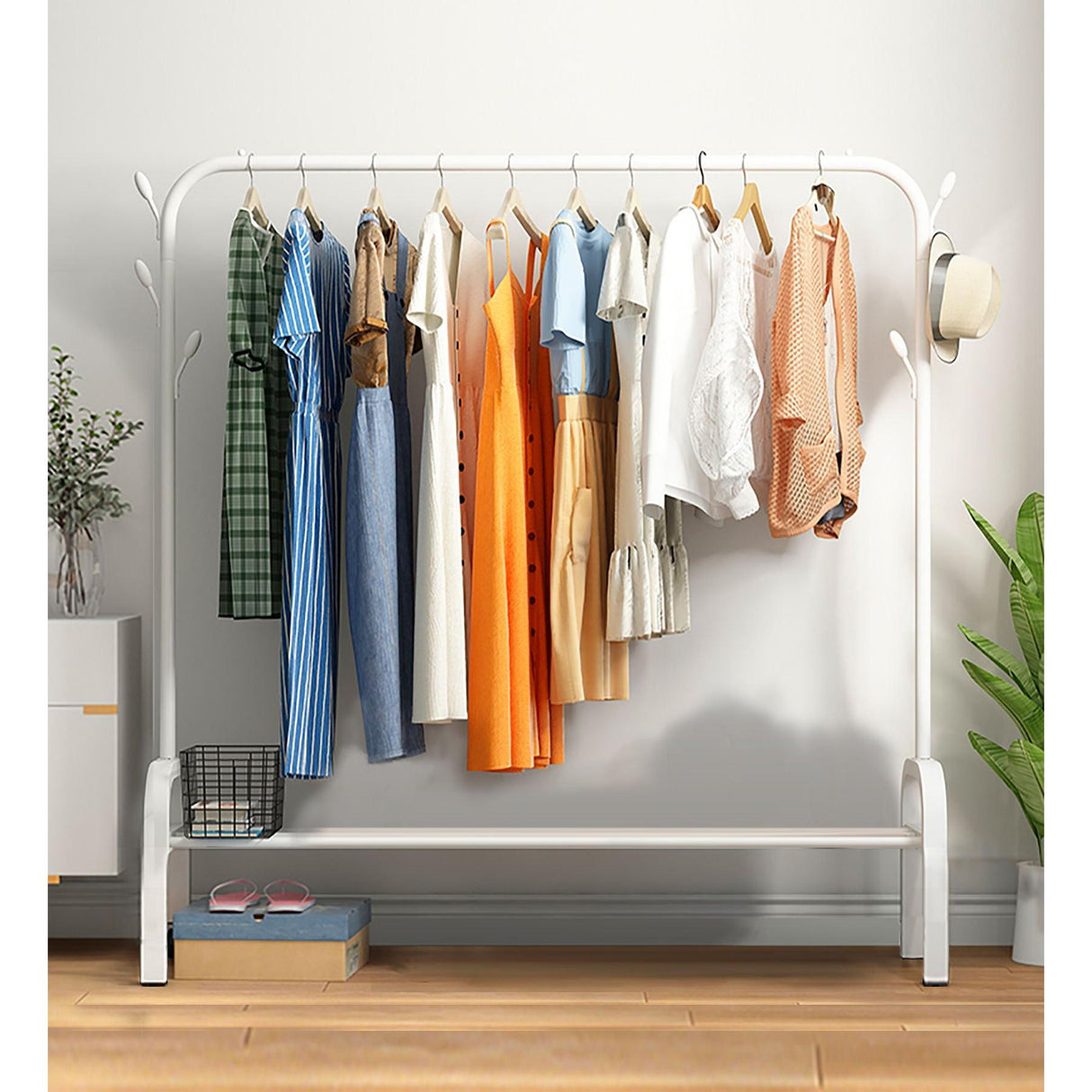 Clothing Rack with Lower Storage Shelf & Side Hooks | Sturdy Metal Frame | Space-Saving Clothes & Shoe Organizer