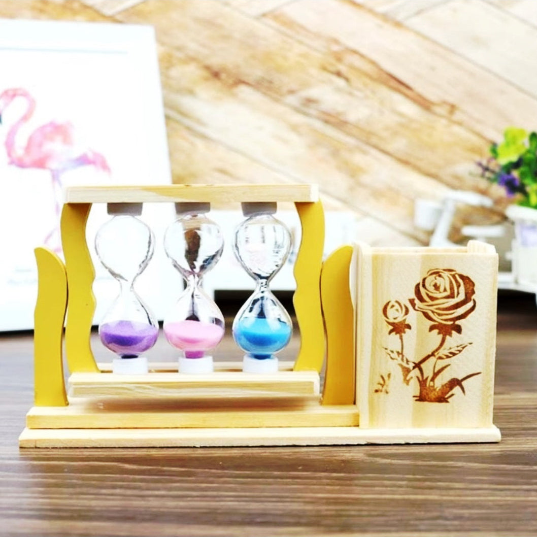 Handicraft Wooden Pen Stand with 3 Hourglass Timer 19x5x10cm