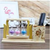 Handicraft Wooden Pen Stand with 3 Hourglass Timer 19x5x10cm