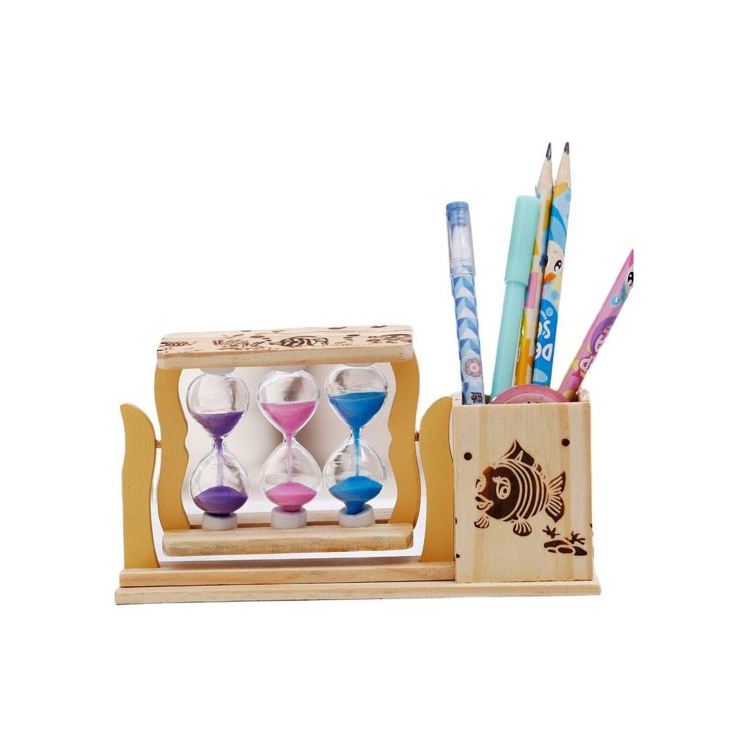Handicraft Wooden Pen Stand with 3 Hourglass Timer 19x5x10cm
