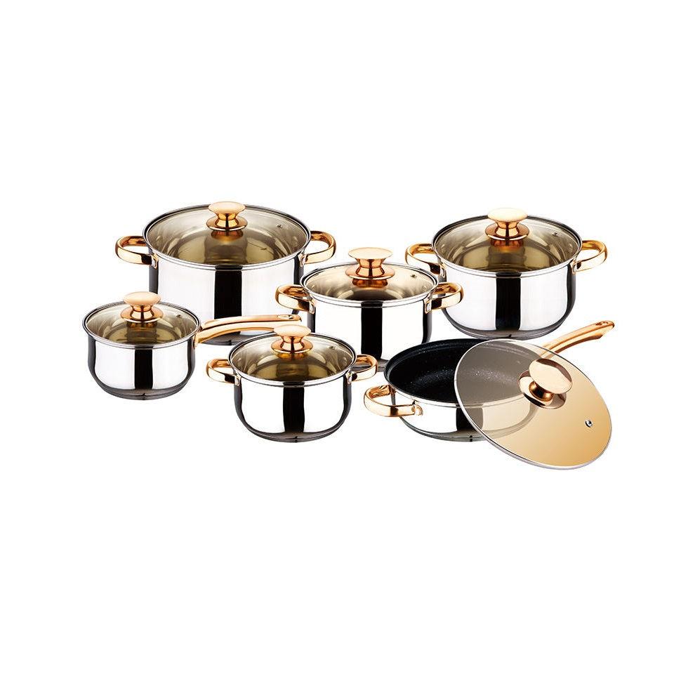12 Piece Kaisavilla Stainless Steel Cookware Set | Induction Compatible | Thick Bottom & Marble Coating | K-Gold Plate Knob & Handle- Furaha Finds Kenya