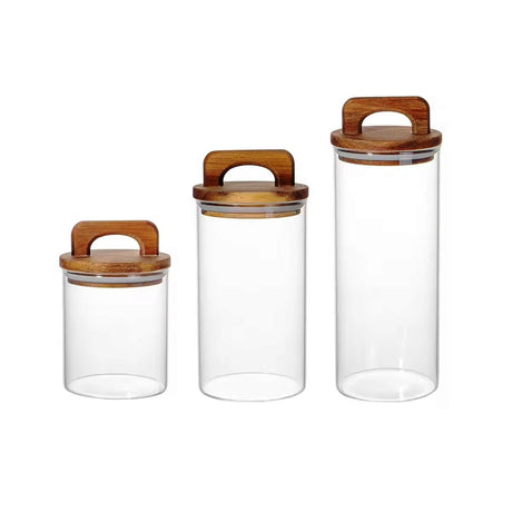Borosilicate Glassware With Bamboo Air Tight Lid 3pcs Storage Jars