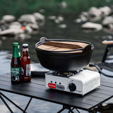 Furaha Finds Pure Cast Iron Flat Bottom Wok 27cm non stick wok with wooden lid,360° heat distribution,and compatibility with all cooktops,perfect for stir frying and outdoor cooking.