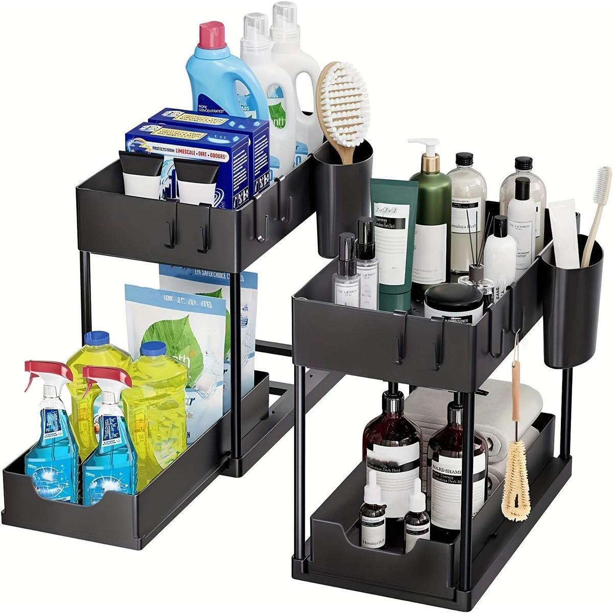 Furaha Finds Double Sliding Under Sink Organizer – 2-tier bathroom and kitchen storage solution for efficient space-saving organization.