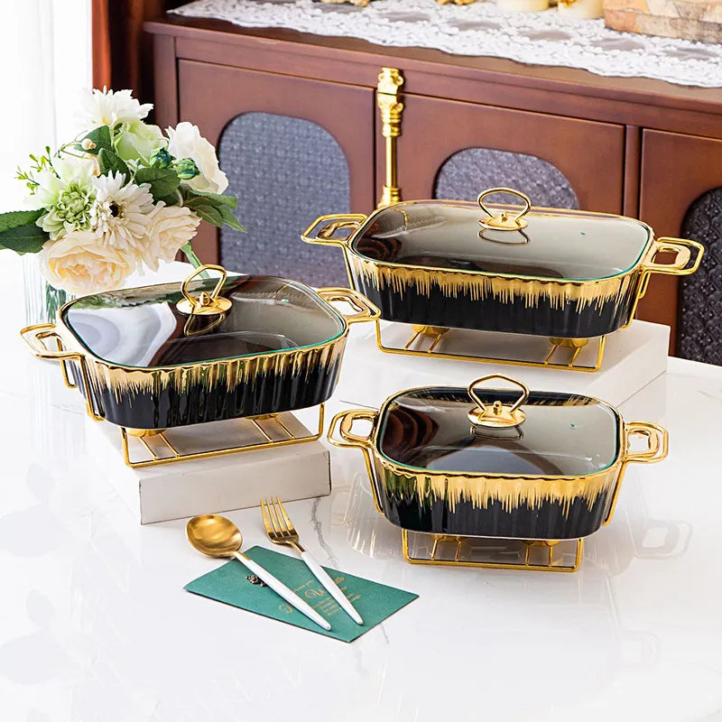 High Quality Premium 3 Piece Black Gold Ceramic Chafing Dish Set | Sizes: 3.8L, 2.8L, 1.8L