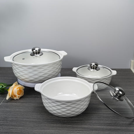 3 Piece White Ceramic Casserole Serving Dishes Set with Tempered Glass Lid Covers | Versatile Cookware Soup Pot and Bowl Set- Furaha Finds Kenya